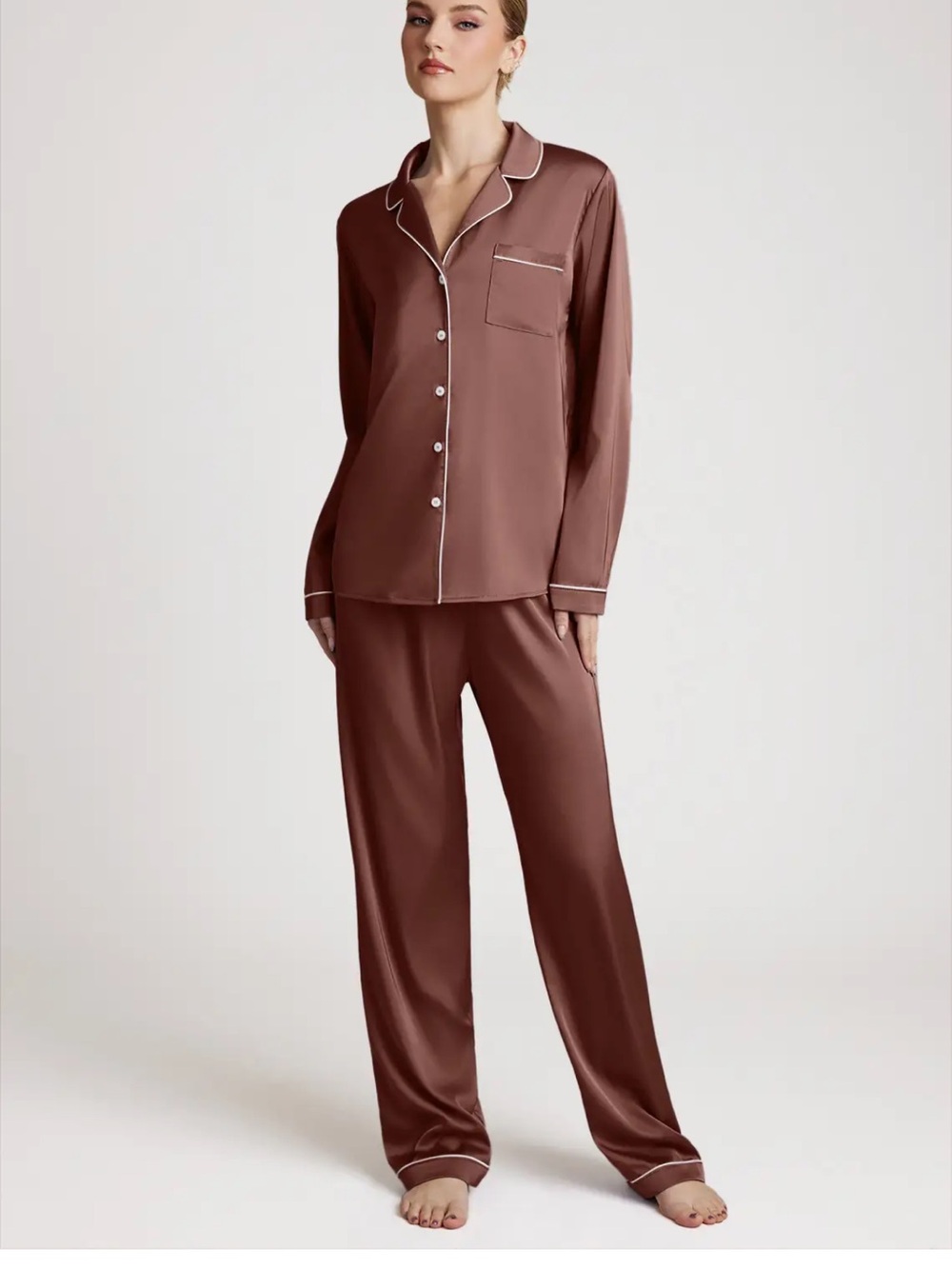 Azazie Satin Long-Sleeve Pajama Set in Expresso Brown